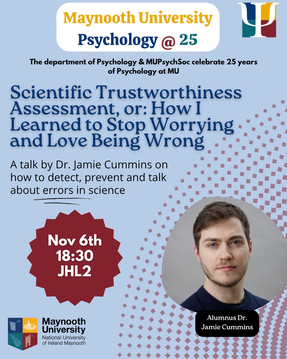 "How I Learned to Stop Worrying &amp; Love Being Wrong" Dr. Cummins on scientific trustworthiness, developing AI tools &amp; how AI can mislead.

Psych Society marks 25 years of psychology research &amp; teaching at MU 📆Thu 6 Nov📷JHL2📷

#MUPsychologyat25 #PsychologyMU #AI #MUResearch