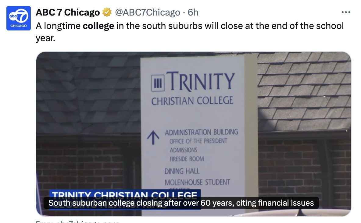 drantbradley's tweet image. 🧵Trinity Christian College is closing. This will be a career-ender for nearly all of their faculty. Staff switch schools. Students transfer. Faculty are tossed in a market with evaporating demand. Why? 1) I&apos;ve never been in a &quot;missional&quot; church that promoted Christian colleges.