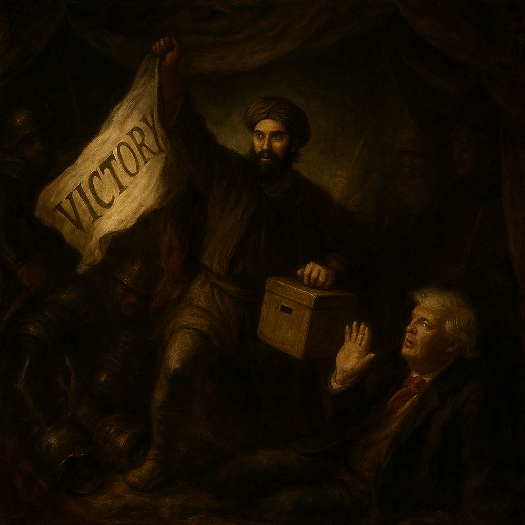 Hoort, hoort! Mamdani heeft den strijd gewonnen—Trump moet de trom roeren, maer niet de troon bestijgen. ’t Volck juichte, en de stad riep: Maak de huur licht ende de bus vrij! ⚑🗽 #Overwinning #Trump #Mamdani #NewYork