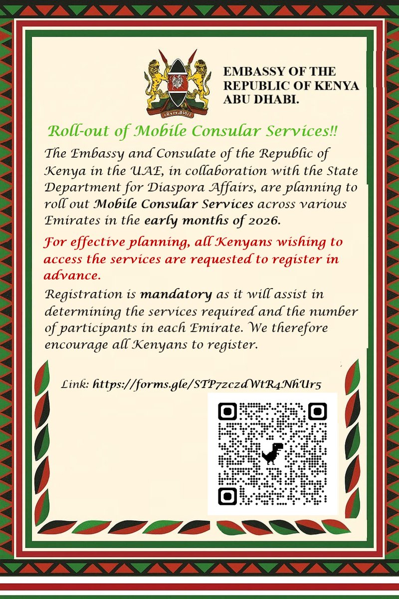 Kenya_Dubai's tweet photo. ๐ฐ๐ช ATTENTION KENYANS IN THE UAE ๐ฆ๐ช
The Consulate wishes to inform Kenyans in the UAE of the mobile consular services to ALL Emirates!
@Diaspora_KE @abudhabi_kenyaE #ConsularOutreach https://t.co/2pfhwnAVrW