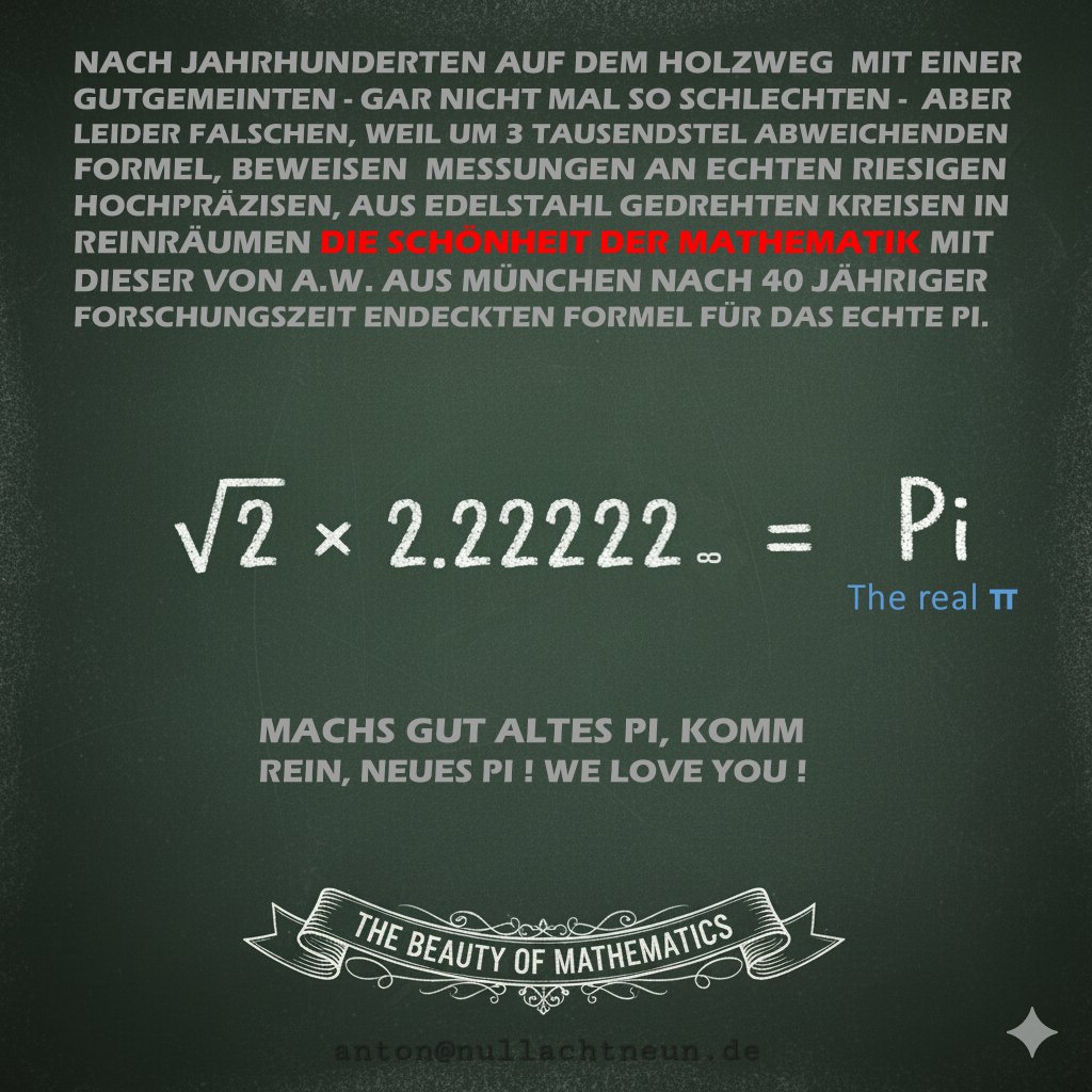 XselbstDenker's tweet photo. #kreisformel #pi #dreikommavierzehn #kreiszahl #durchmesser #radius #formel #kreisformel #endlich #gelöst #rätsel #jahrhunderte #forschung #ergebnis #ausrechnen #circleformula #pi #threepointfourteen #pinumber #diameter #radius #formula #circleformula #finally #solved #puzzle #centuries #research #result #calculate #wurzelauszwei #echtespi #zweikommazwei