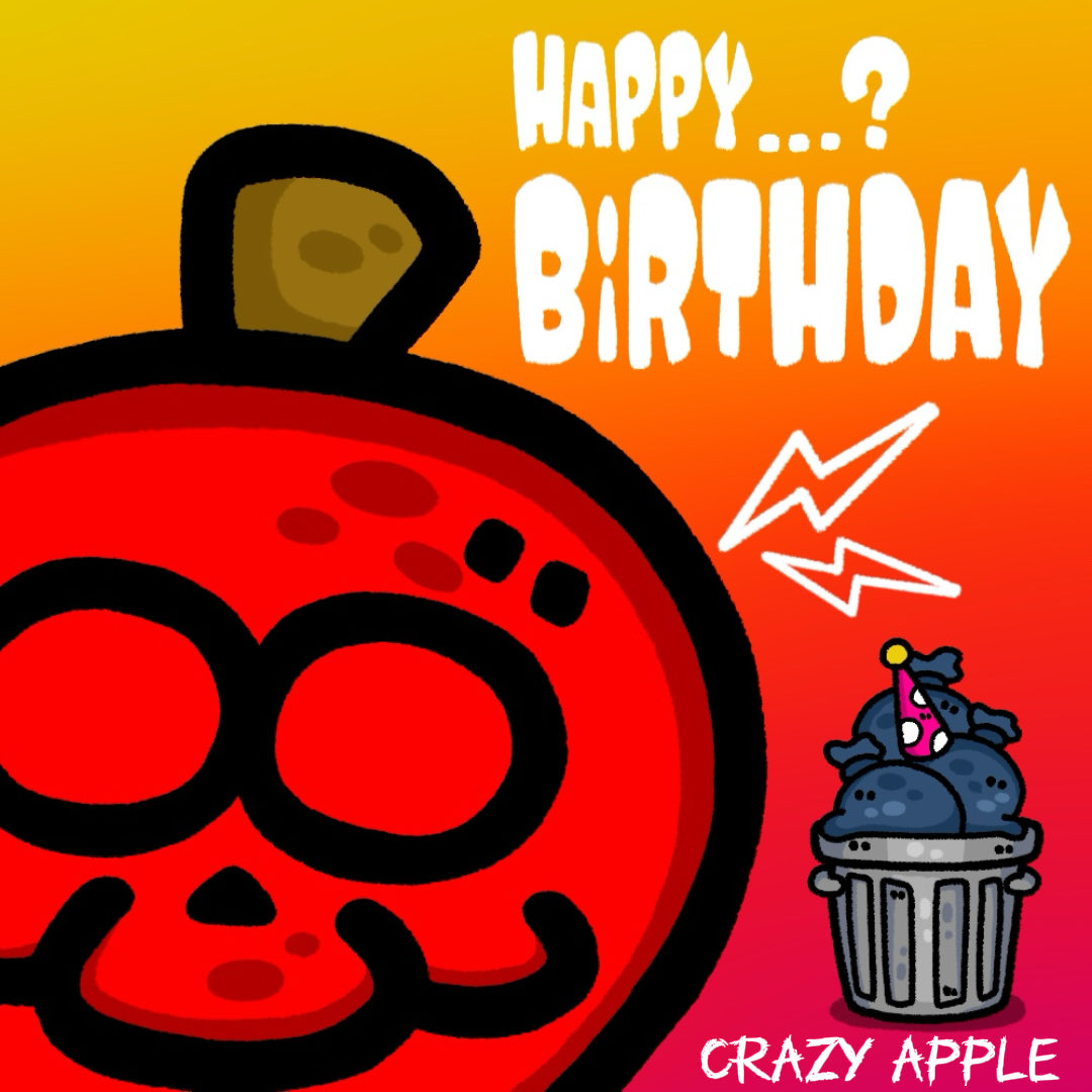 HALVES_GHOST's tweet photo. 今日はプル🍎の誕生日！
HAPPY BIRTHDAYプル！
だけど、コイツにはそんなの関係ない！
クレイジーだぜ！プル🍎！
 #HALVES #キャラクター  #CRAZYAPPLE #プル #HAPPYBIRTHDAY https://t.co/hDbMdVWDDI