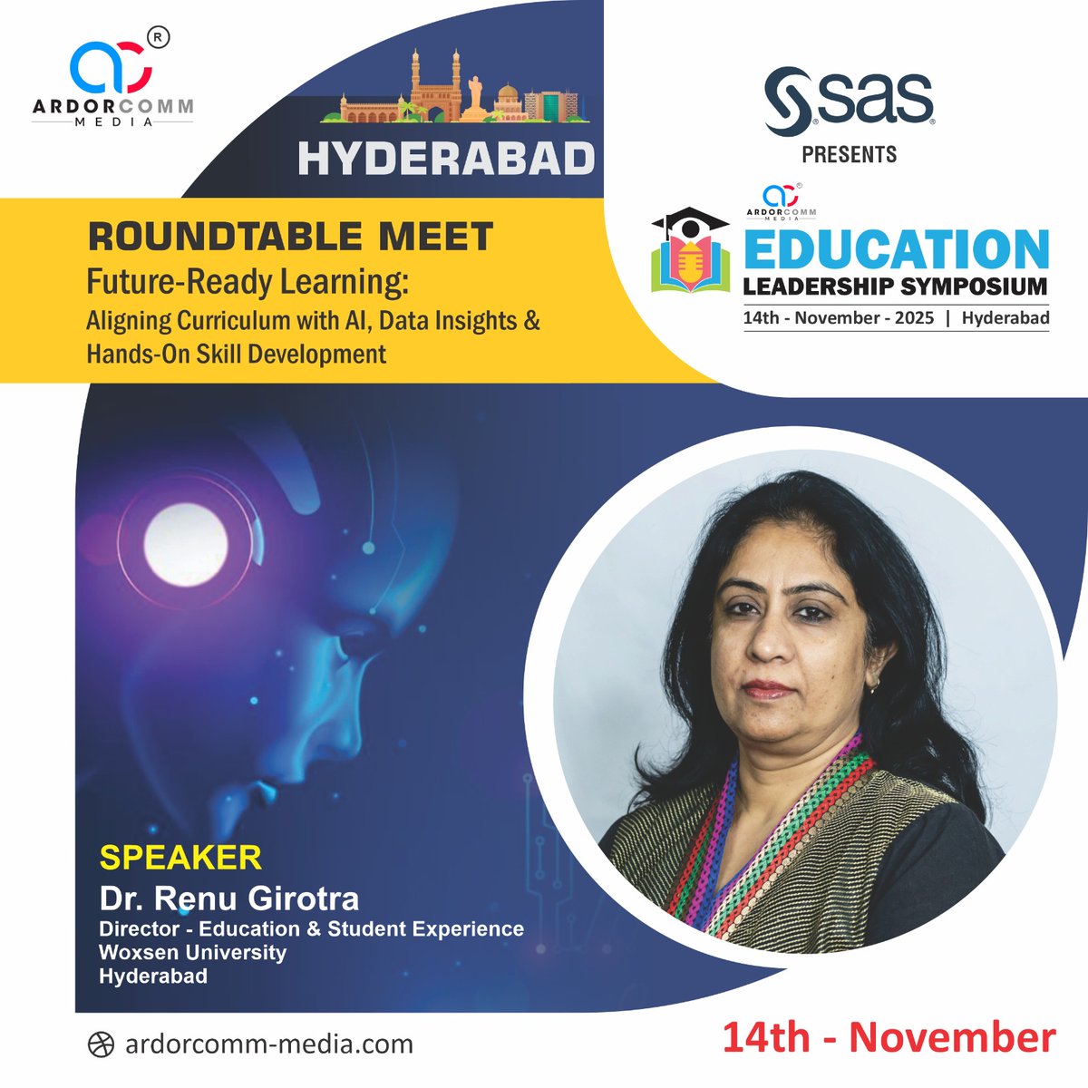 ardorcomm's tweet image. We welcome Dr. Renu Girotra, Director - Education and Student Experience, Woxsen University as one of the distinguished speakers at the ArdorComm Education Leadership Symposium. 
More: ardorcomm-media.com/elshyderabad2/

#ArdorComm #EducationLeadership #FutureOfEducation #SkillDevelopment