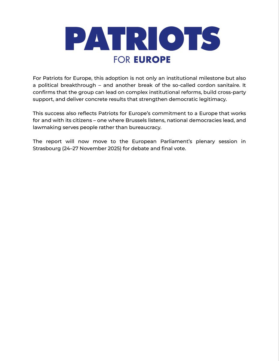✨ | A win for democracy in Brussels! Patriots for Europe secured a major victory as <a href="/MariekeEhlers/">Marieke Ehlers 🇳🇱</a>’ report on subsidiarity and proportionality was adopted by a solid majority in the AFCO committee. #Patriots