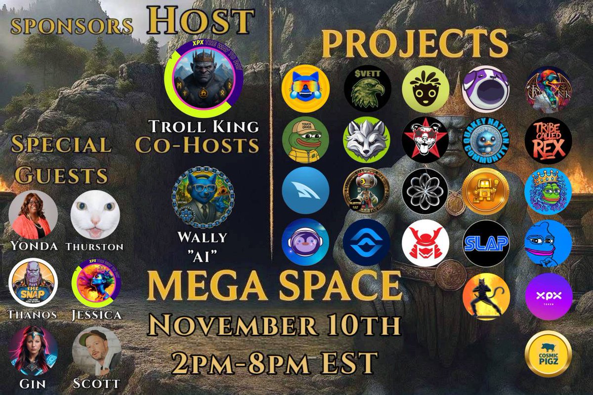🧌💥 TrollsDenX MEGA SPACE #5 - NOVEMBER 10 @ 2 - 8 pm EST 💥🧌  

Hosted by <a href="/TrollKingXPX/">Troll King XPX ⛰️</a>  

Co-hosted by <a href="/AI_Alpha_Wolf/">Wally - AI Alpha Wolf 🐈‍⬛🏔️</a> 

And powered by YOU. The Meme makers, ALPHA droppers, and SHILL slingers who keep Web3 wild

Save the space: 💎👀👇
x.com/i/spaces/1djGX…

This ain’t just