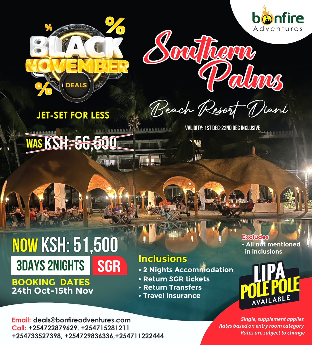 BonfireSafaris's tweet photo. Your Diani Dream Just Got Cheaper!
Fly (or SGR!) into paradise with our Black November rates at Southern Palms
#BonfireAdventures #SouthernPalmsDiani #BlackNovember #BonfireDeals #TembeaKenya #LipaPolePole #TravelWithBonfire #BonfireMoments https://t.co/a9yR7gvmaf