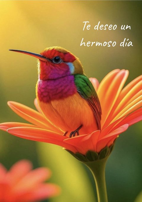 A small vibrant hummingbird with a long thin beak perches on the edge of a large orange flower petal. The bird displays multicolored feathers in shades of red, yellow, green, and orange on its head, chest, and wings. The background features blurred green foliage and warm sunlight filtering through.