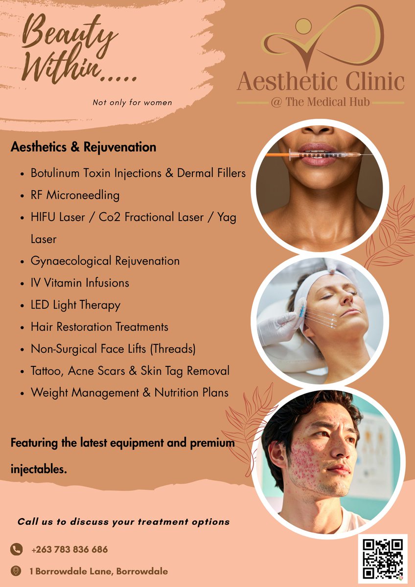 Enhance. Restore. Rejuvenate — beauty from within for her and him.
HARARE, ZIMBABWE 🇿🇼🇿🇼🇿🇼
#aesthetic #skincare #rejuvenate #restore #skintreatments #doctor  #nurses  #AestheticClinic 
#Zimbabwe  #harare <a href="/DoctorsWomen/">Zimbabwe Women Doctors Association</a>  <a href="/doksolanki/">Dr Vivek Solanki 🇷🇸</a> <a href="/zimsaofficial/">Zimbabwe Medical Students Association</a>  <a href="/ZtaUpdates/">Zimbabwe Tourism Authority</a>  <a href="/DoctorsWomen/">Zimbabwe Women Doctors Association</a>