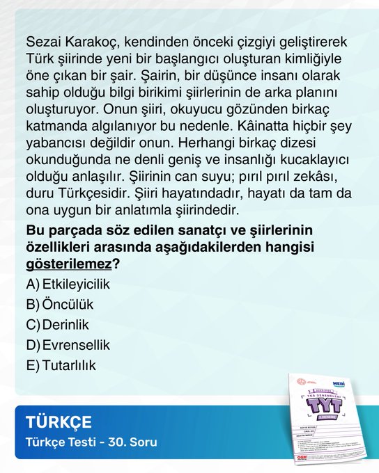 First image shows a blue promotional poster with title En Dikkat Cekici Sorular in bold letters, featuring a TYT exam form dated 20-26 Ekim 2024 for AYT and GSM branches, including MEBI and Ortaöğretim Genel Müdürlüğü logos at the bottom. Second image displays a Turkish language test question 30 about a passage on Sezai Karakoç with multiple choice options A through E. Third image presents a history test question 3 on Ottoman Empire administration with options A through E based on a passage about Timar system. Fourth image depicts a geography test question 9 with a map of Turkey marked with points I through V in different regions, asking about numerical distribution of something in provinces with multiple choice options A through E.