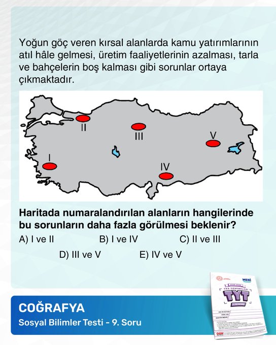 First image shows a blue promotional poster with title En Dikkat Cekici Sorular in bold letters, featuring a TYT exam form dated 20-26 Ekim 2024 for AYT and GSM branches, including MEBI and Ortaöğretim Genel Müdürlüğü logos at the bottom. Second image displays a Turkish language test question 30 about a passage on Sezai Karakoç with multiple choice options A through E. Third image presents a history test question 3 on Ottoman Empire administration with options A through E based on a passage about Timar system. Fourth image depicts a geography test question 9 with a map of Turkey marked with points I through V in different regions, asking about numerical distribution of something in provinces with multiple choice options A through E.