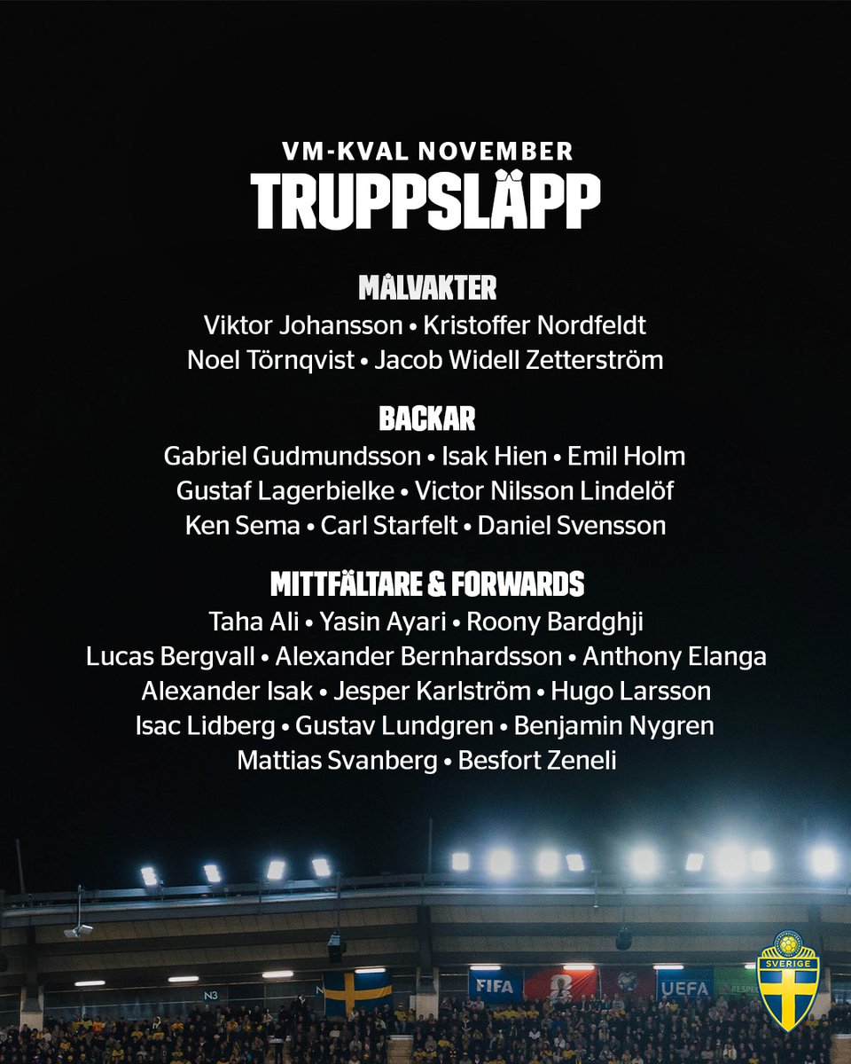 svenskfotboll's tweet image. Graham Potters första trupp ✅

VM-kval borta mot Schweiz och hemma mot Slovenien väntar.

Biljetter mot Slovenien 18 november
🎟️ bit.ly/43bgBrg