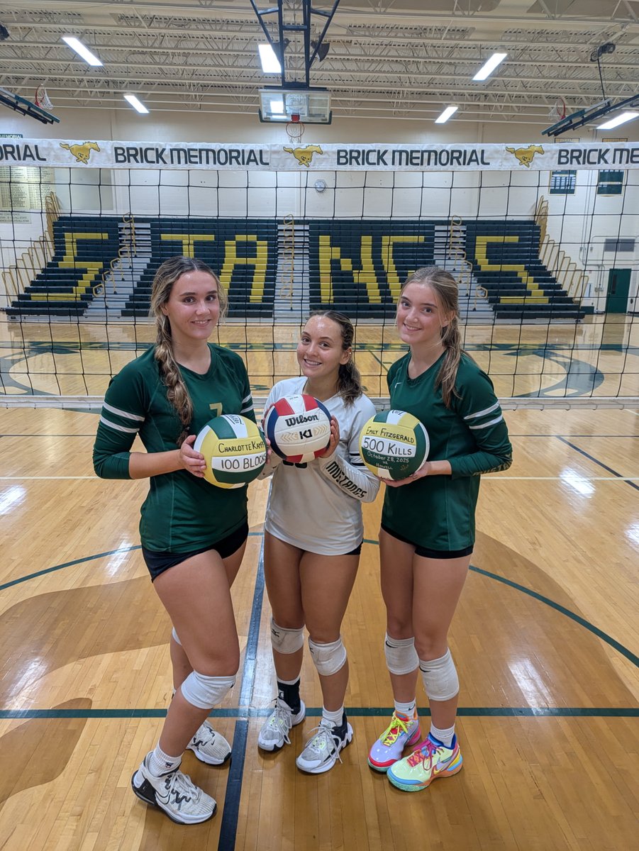 BrickMemorialHS's tweet photo. 🏐 HISTORY MADE! 💚💛
Emily Fitzgerald, Charlotte Kampf &amp; Shaylan McDonald etched their names in Mustang Volleyball history with HUGE career milestones!
So proud of these incredible athletes! 👏
#ItsAGreatDayToBeAMustang #LetsGoStangs https://t.co/mmZhLRDcrk