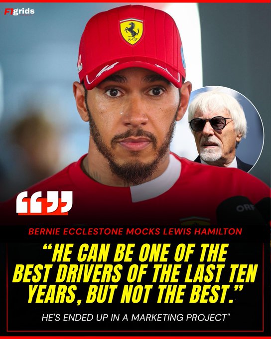 Lewis Hamilton wears a red Ferrari cap and red racing suit, looking serious with focused eyes and short hair. An inset circular photo shows older Bernie Ecclestone with white hair, wearing dark sunglasses and a suit jacket. Text overlay reads Bernie Ecclestone Mocks Lewis Hamilton with the quote He can be one of the best drivers of the last ten years but not the best. Hes ended up in a marketing project. F1grids watermark appears at the bottom.