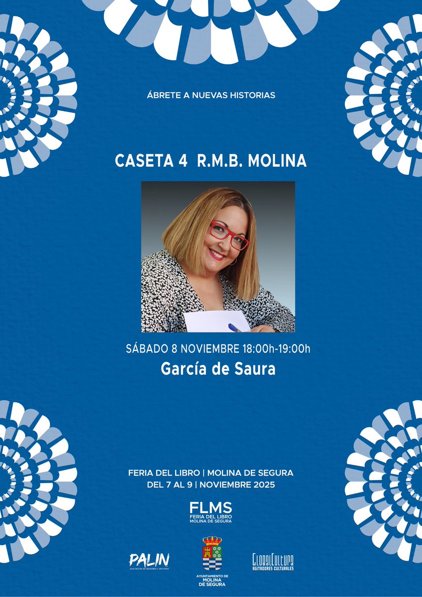 BibliotecaSGA's tweet photo. FERIA DEL LIBRO DE MOLINA DE SEGURA 📚
SÁBADO 8 DE NOVIEMBRE 2025
📍 Firmas. Caseta 4 Red Municipal de Bibliotecas
🗓️ Nina Alarcón. De 17 a 18 h
García de Saura. De 18 a 19 h
Luis López López. De 19 a 20 h
#molinadesegura #FLMS
@AytMolinaSegura @Cultura_Molina @BibliotecaMerc1 https://t.co/nYQ5MJGtF0