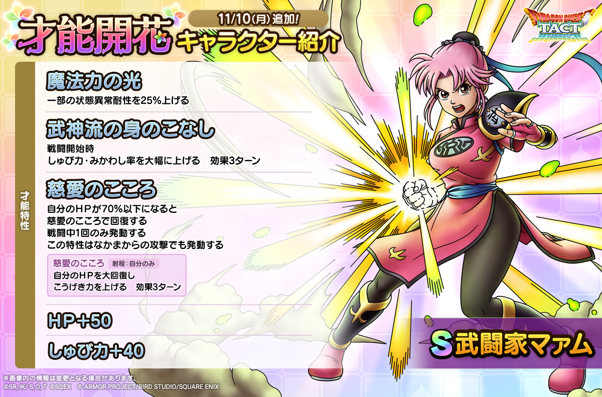 ☆11/10(月)才能開花！☆ 【武闘家マァム】 新たな才能特性を習得して