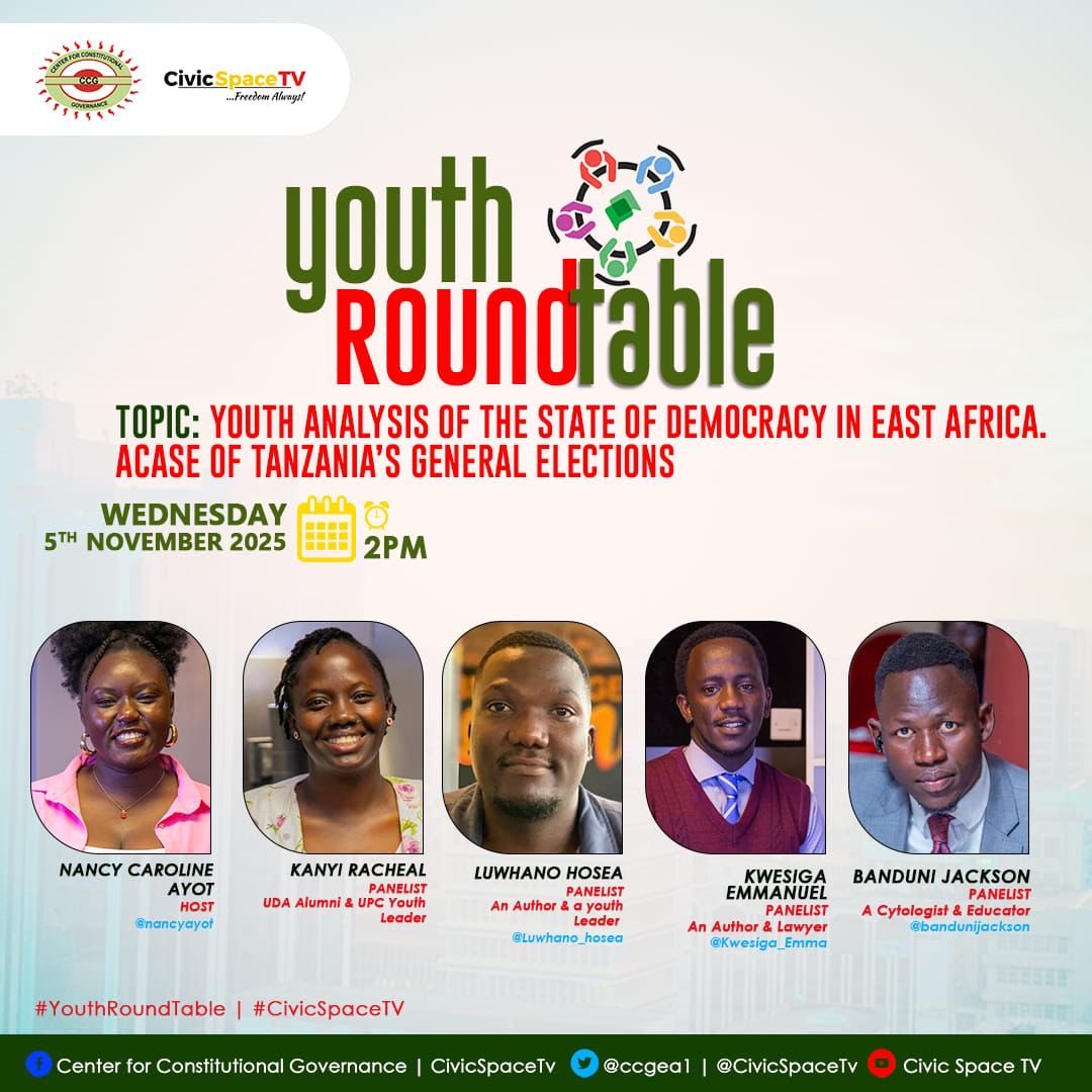 On <a href="/CivicSpaceTV/">CIVIC SPACE TV</a> this afternoon, <a href="/nancyayot/">Nancy Caroline Ayot</a> hosts myself, <a href="/luwhano_hosea/">luwhano hosea HOSWHAN</a> <a href="/bandunijackson/">Ba'nduni Jackson 🇺🇬🌍</a> and Kanyi Racheal. 

We discuss the State of East African Democracy, drawing context from the recent Tanzania’s general elections. 

Link:
youtu.be/4BKtkWx2GPQ?si…