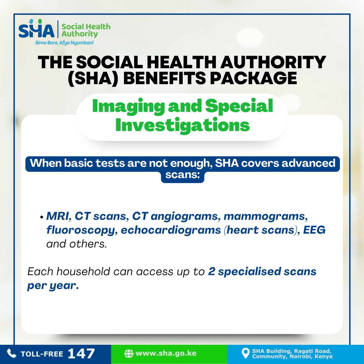 The SHA Imaging Package prioritizes every household’s right to accurate diagnosis. MRI Covered examinations reveal brain and spinal issues, while CT Scans Covered provide fast, clear imaging for organs, guiding proper treatment decisions. #SHAImagingPackage