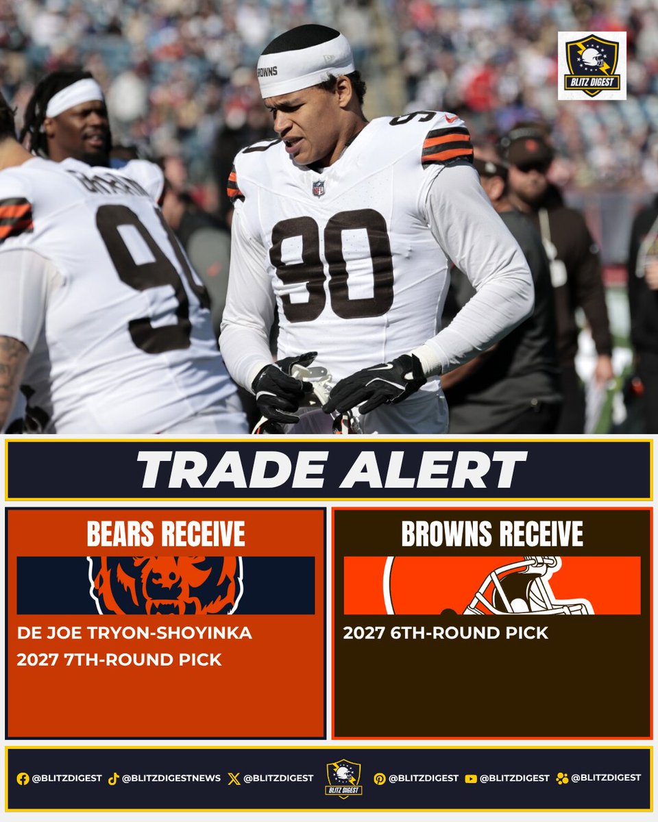 BlitzDigest's tweet photo. 🚨 TRADE ALERT 🚨
The #Browns are trading DE Joe Tryon-Shoyinka and a 7th-round pick to the #Bears for a 6th-rounder, per reports.

Chicago adds depth after losing DE Dayo Odeyingbo to a season-ending Achilles injury.

#NFLTrade #Bears #Browns #NFL https://t.co/RITnu3zjhg