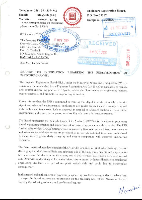 UPDATE: The Engineering Registration Board (ERB) has given the Director of Kampala Capital City Authority (KCCA) a one-month ultimatum to provide a full account regarding the redevelopment of the Nakivubo Channel.

The directive follows days after a heavy downpour that caused