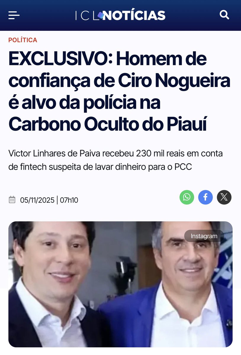mais uma vez o senador bolsonarista Ciro Nogueira se vê com a Polícia Federal chegando perto de seu círculo mais íntimo: seu compadre e ex-assessor foi alvo de uma operação para desbaratar o financiamento do PCC.

matéria exclusiva no @ICLNoticia: iclnoticias.com.br/homem-de-confi…