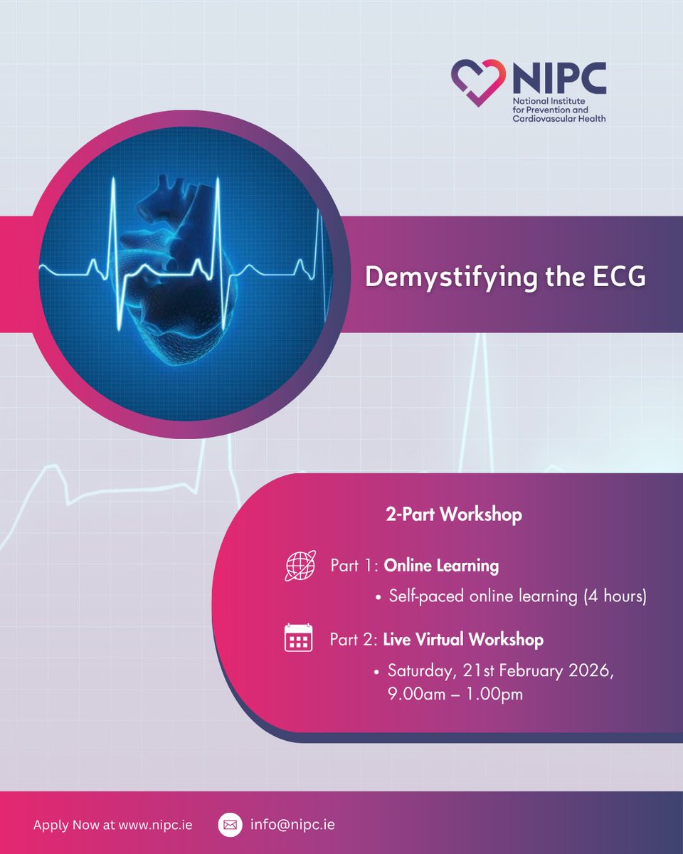 NIPCIRELAND's tweet image. Our Demystifying the ECG workshop Sat 21st Feb 2026 is perfect for:

• Primary care &amp;amp; hospital-based professionals
• Those wanting to refresh or enhance their ECG skills
• Practitioners needing a strong foundation in #ECGanalysis

Book now⬇️
bit.ly/4pYBLlY