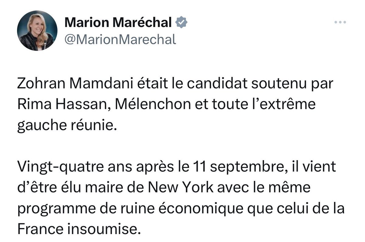 « 24ans après le 11 septembre, Zohran Mamdani est élu maire de New York »

L’odeur du tweet 🤢🤢🤢