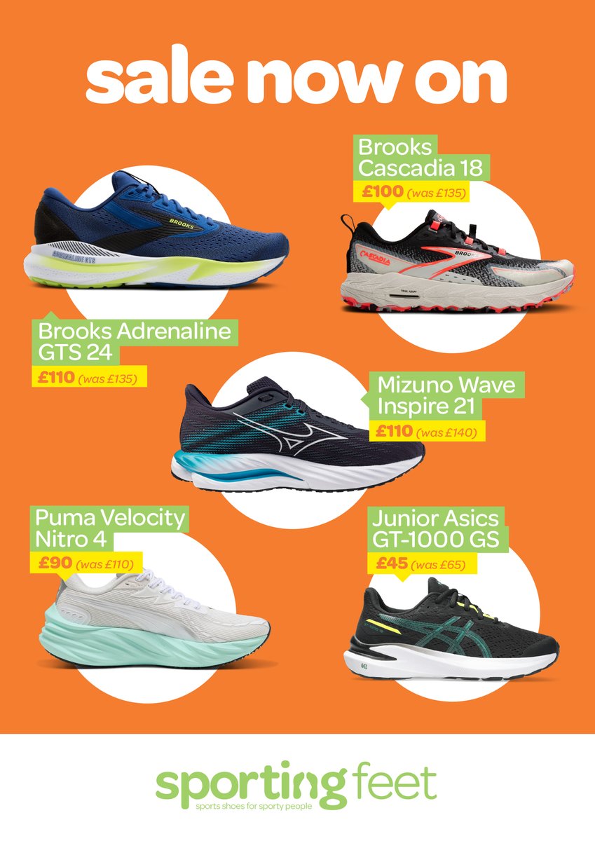 Our Winter sale is now on. With £25 off the iconic <a href="/Brooksrunninguk/">Brooks Running UK&IE</a> Adrenaline GTS 24, £30 off <a href="/MizunoRunningEU/">MizunoRunningEurope</a> 's super-smooth Wave Inspire 21 &amp; £20 off the sleek <a href="/PUMA/">PUMA</a> Velocity Nitro 4, these are just some of the bargains up for grabs. sporting-feet.com/collections/sa… or come in-store.