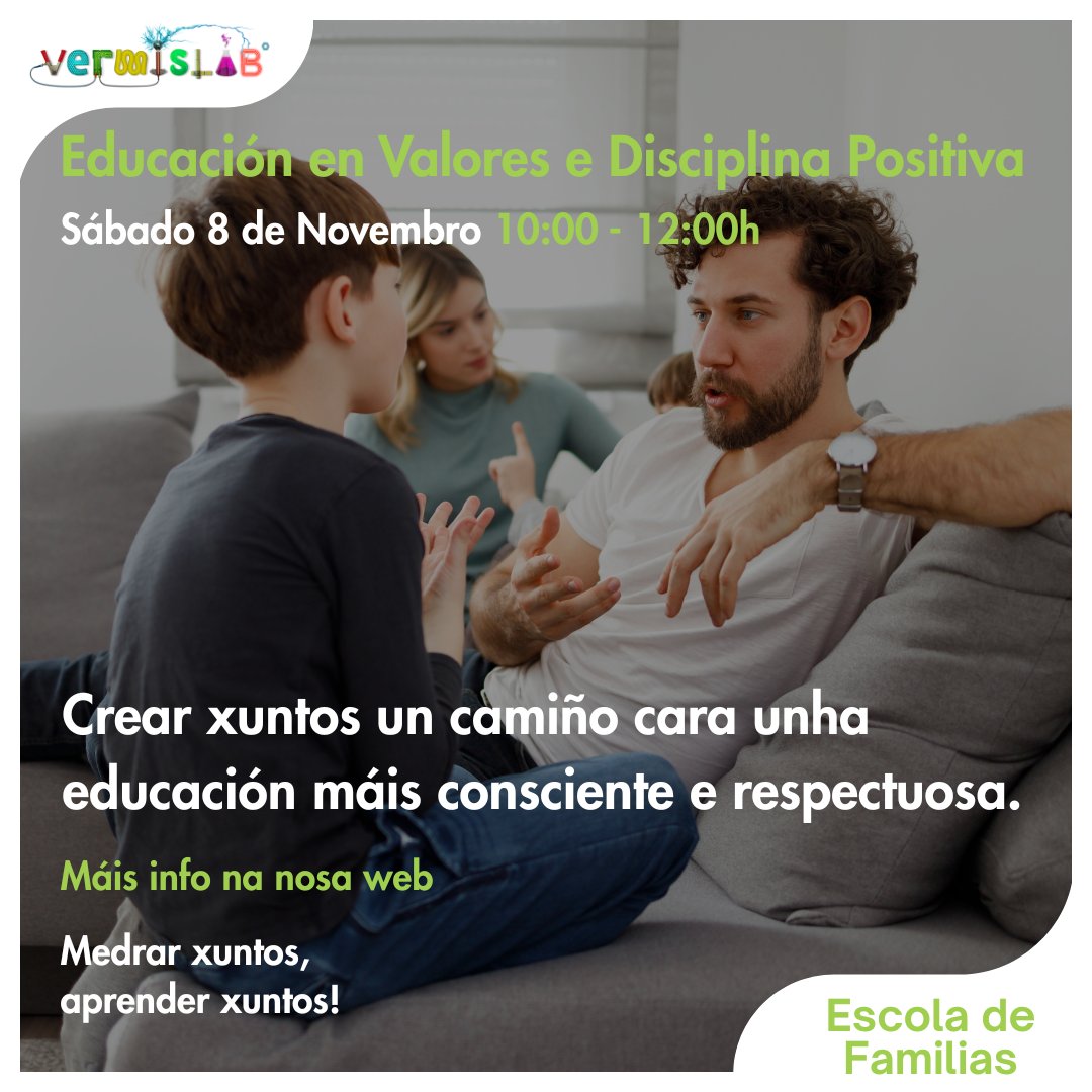 💬 Educación en valores e disciplina positiva.

🌿 A nosa tribo precisa equilibrio.
Educamos dende o respecto, a empatía e o exemplo 

Aprende a crear harmonía familiar con Mónica Caínzos.

🗓️ 08/11 – VermisLAB Santiago

#EscolaDeFamilias #BenestarFamiliar