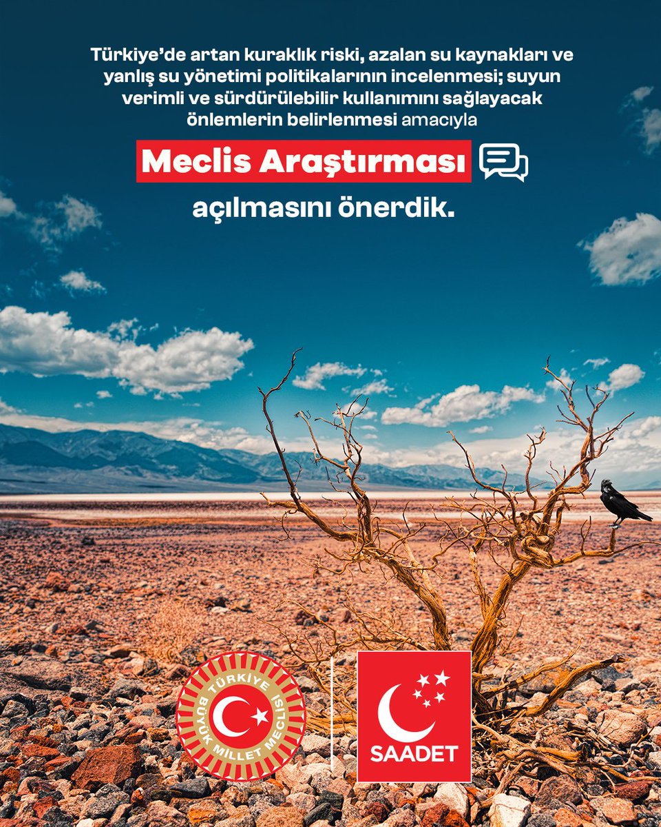 Türkiye’de artan kuraklık riski, azalan su kaynakları ve yanlış su yönetimi politikalarının incelenmesi; suyun verimli ve sürdürülebilir kullanımını sağlayacak önlemlerin belirlenmesi amacıyla Meclis Araştırması açılmasını önerdik.
