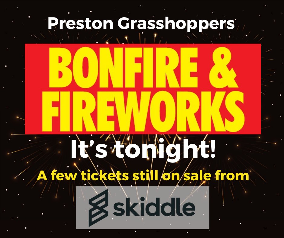 No more rain, the skies are clearing - it's going to be a great night for Hoppers' bonfire and fireworks event.

We have released a few more adult tickets for sale - but get them while you can!

Tickets from Skiddle 
skiddle.com/whats-on/Prest…