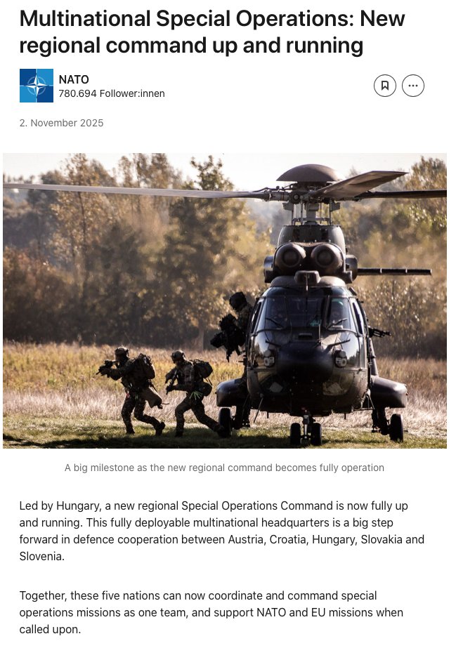 KdoMagazin's tweet photo. #NATO #SOF: Neues regionales Special Operations Command unter #SOFCOM einsatzbereit. Unter der Führung von Ungarn #HUNSOF nehmen auch die Slowakei, Slovenien und Kroatien am Regionalkommando teil sowie das NATO-Partnerland Österreich #Jagdkommando. https://t.co/7h74wWK6qN