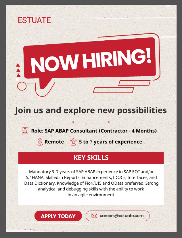 estuate's tweet photo. 💼 Now Hiring: SAP ABAP Consultant

Join Estuate and explore exciting possibilities in the world of SAP.

We’re looking for a skilled SAP ABAP Consultant (Contractor) with 5–7 years of experience to be part of our dynamic team. 

Apply here 👉 https://t.co/sAotHm9BPD https://t.co/OHC0PEOOID
