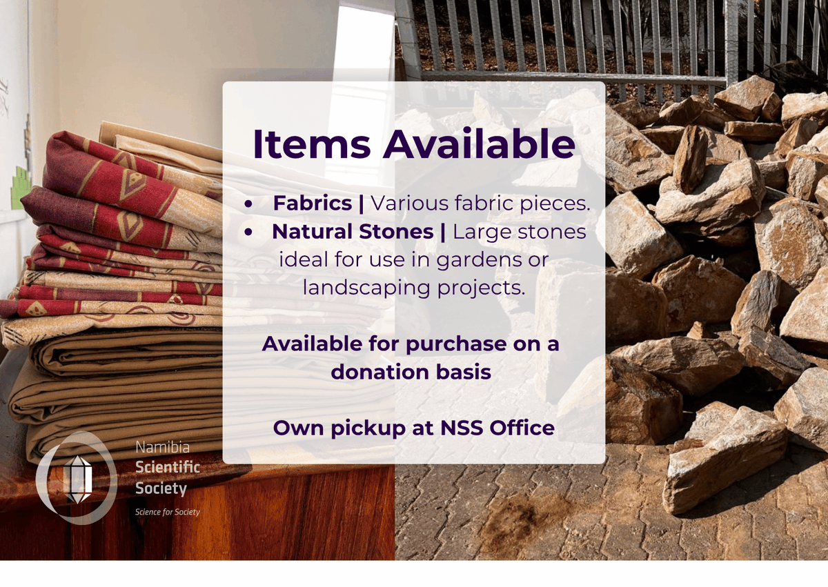 NamScienceSocie's tweet photo. The Namibia Scientific Society has a few items available for purchase on a donation basis . No fixed prices are set, but fair contributions are appreciated.
• Fabrics: Various fabric pieces.
• Natural Stones: Large stones ideal for use in gardens or landscaping projects. https://t.co/7ZmtmeKFaf