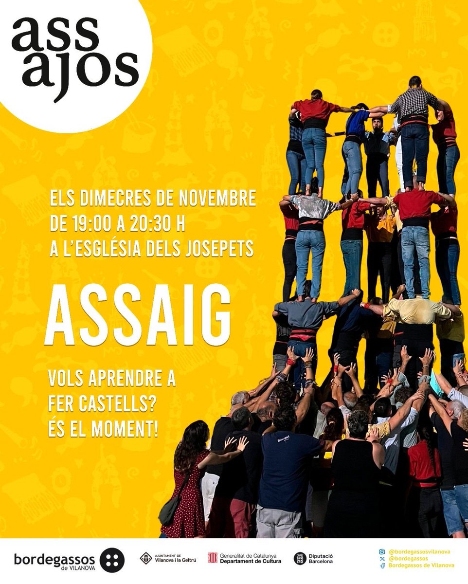 bordegassos's tweet photo. T’agradaria fer castells? Tots els dimecres de novembre tens l’oportunitat al nostre assaig! Només cal que vinguis! 🙌
⏰ De 19:00 a 20:30 h
📍 Església dels Josepets
#sombordegassos #devilanova #castells https://t.co/WkGXXVZcth