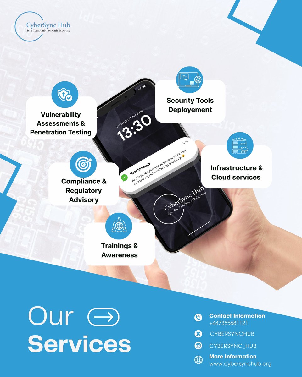 CyberSyncHub's tweet image. Unlock secure, modern IT built for your business.
From VAPT &amp;amp; security tools deployment to cloud, training &amp;amp; compliance — CyberSync Hub keeps you resilient and ready to scale.

Let’s secure your growth. 
📩 info@cybersynchub.org | 🌐 cybersynchub.org | ☎️ +44 7355 681121