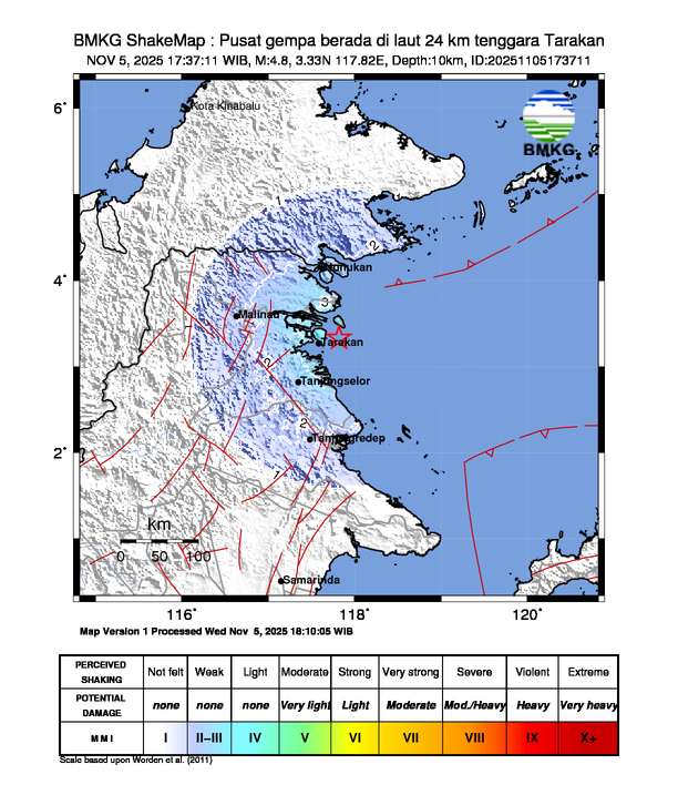 infoBMKG's tweet image. #Gempa (UPDATE) Mag:4.8, 05-Nov-25 17:37:11 WIB, Lok:3.33 LU, 117.82 BT (Pusat gempa berada di laut 24 km tenggara Tarakan), Kedlmn:10 Km Dirasakan (MMI) IV-V Tarakan, III-IV Tanjung Selor, III-IV Berau, III-IV Nunukan, III Malinau, IV Pulau Bunyu #BMKG