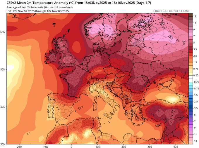 HISTORIC WARMTH IN EUROPE
Hundreds of records of November warmest night smashed with big margins from West to East

Mins &gt;14C in UK, &gt;12 in Norway,Sweden,Denmark,&gt;11 in Finland and Estonia.
Records allover Scandinavia including Stockholm
min 11.9 (data since 1800s),Uppsala etc