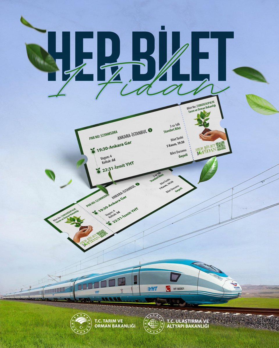 “Her Bilet Bir Fidan, Sevdamız Yeşil Vatan”

<a href="/TCTarim/">T.C. Tarım ve Orman Bakanlığı</a> 🤝 <a href="/UABakanligi/">T.C. Ulaştırma ve Altyapı Bakanlığı</a> olarak imzalanan protokol çerçevesinde her bir yüksek hızlı tren bileti için bir fidanı toprakla buluşturuyoruz.

#YeşilVatanSeferberliği