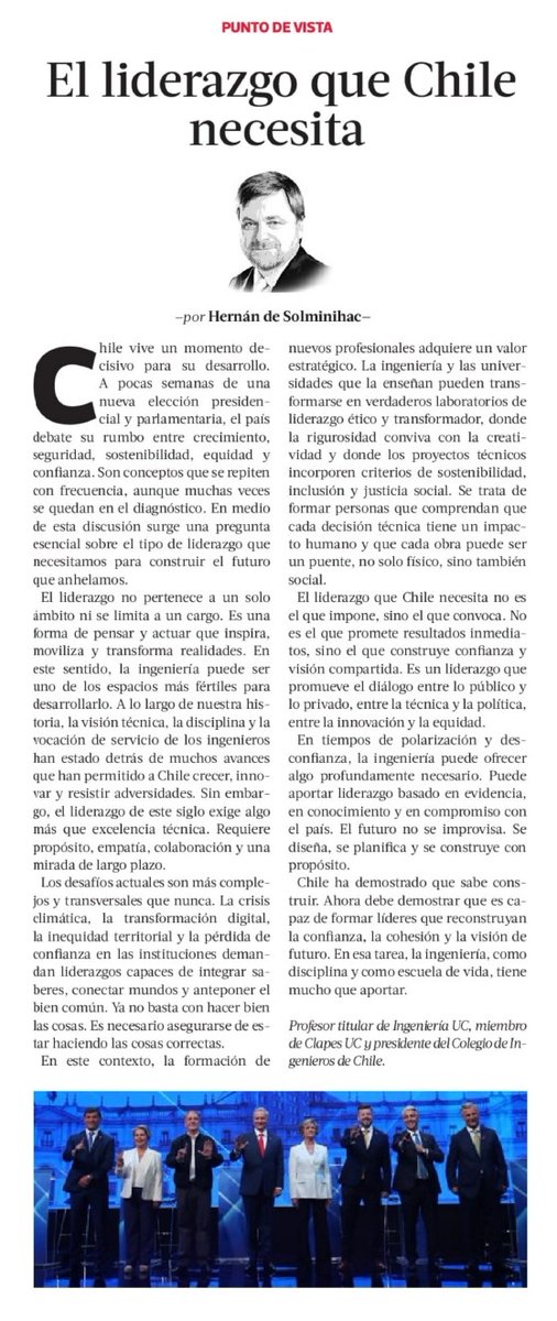 [COLUMNA <a href="/latercera/">La Tercera</a>] "El liderazgo que Chile necesita"

Nuestro miembro del comité ejecutivo <a href="/hdesolminihac/">Hernán de Solminihac</a> destacó la necesidad de un #liderazgo transformador en Chile, capaz de unir crecimiento, #sostenibilidad y equidad.

Propone que la ingeniería sea un espacio clave para