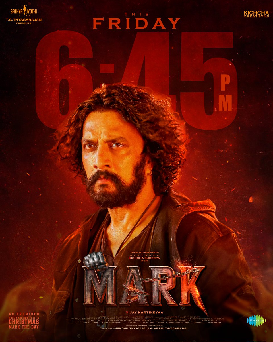 A New Chapter Begins👊

The Legend Returns to #MARK His Destiny👑

#MARKTeaser Arrives This Friday at 6:45 PM🔥

Witness our Badshaah #KichchaSudeep in a never-before avatar!
 
<a href="/KicchaSudeep/">Kichcha Sudeepa</a> <a href="/VKartikeyaa/">VIJAY Kartikeyaa</a> <a href="/AJANEESHB/">B AJANEESH LOKNATH</a> <a href="/iampriya06/">Priya Sudeep/ಪ್ರಿಯ</a> <a href="/shekarchandra71/">cahndrashekhara D</a> <a href="/ganeshbaabu21/">Ganeshbaabu</a> <a href="/shivakumarart/">shivakumar</a>