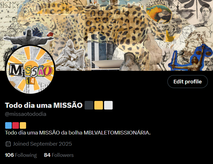 missaotododia's tweet photo. Nem deu tempo de comemorar os 50 followers e já somos 84 missionários.

MUITO OBRIGADO A TODOS OS NOVOS SEGUIDORES!

Nosso futuro é glorioso, e todo dia teremos uma missão.
E de missão em missão, mudaremos o Brasil!

PRA CIMA! ⬛️🟨⬜️ 🐆
#mbl #valete #partidomissao https://t.co/rkU1WAlexK