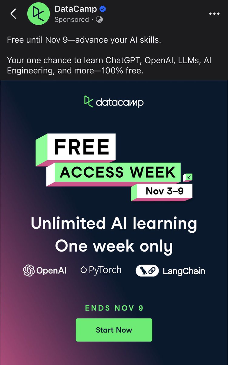 pnvich2's tweet image. #Datacamp เปิดให้เรียนคอร์ส AI ฟรีๆ 1 สัปดาห์ หมดเขต 9 Nov นี้

DataCamp’s giving free access to all their AI courses this week 👀
Course: ChatGPT, OpenAI, and LLMs