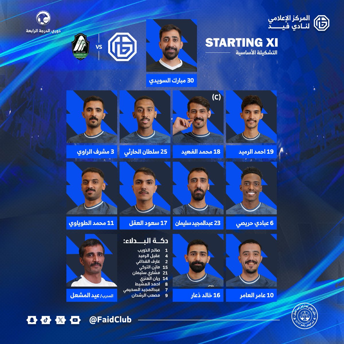 FaidClub's tweet photo. 📋 | قائمة #ذئاب_سلمى لمواجهة #سميراء🐺💙

#فيد_سميراء | #دوري_الدرجة_الرابعة https://t.co/NbFOW3cBLY