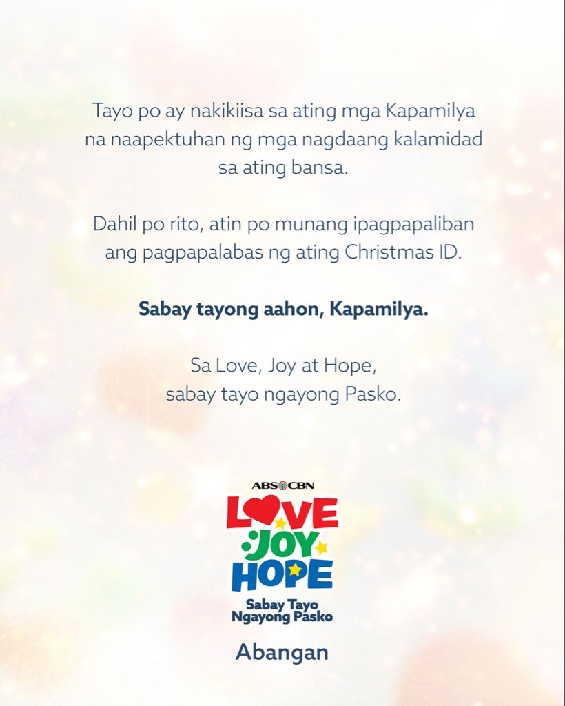 ALTiWantTFC's tweet photo. Sabay tayong aahon, Kapamilya. 

Tuloy-tuloy lang sa pagbabahagi ng love, joy, at hope.

#ABSCBNChristmasID2025 
#LoveJoyHope https://t.co/4fPIqKdxEY
