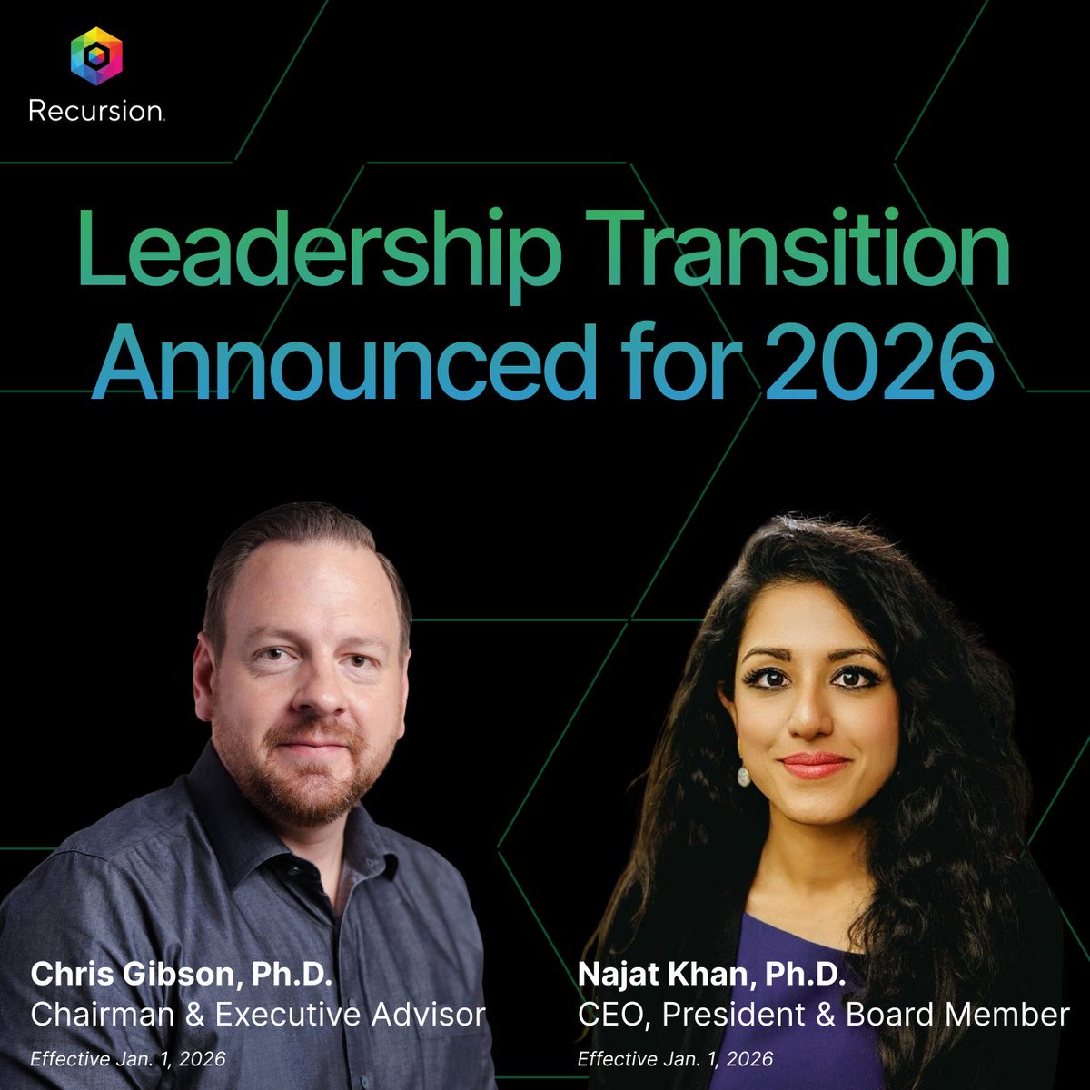 RecursionPharma's tweet image. Today, Recursion announced its third quarter 2025 financial results and business updates, along with a leadership transition plan to drive the next phase of its growth.

Effective January 1st, @RecursionChris, Co-Founder and CEO, will transition to Chairman of the Board, Najat…