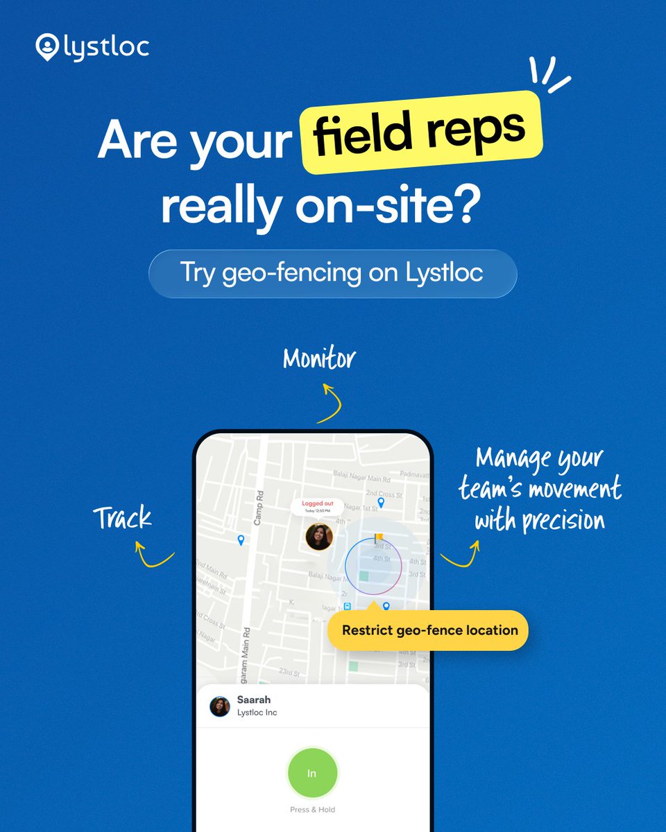 lystloc's tweet photo. Lost track of your field reps? Not anymore.

Try Geofencing on Lystloc.

👉 Sign up now: https://t.co/sdskoRhefv

#fieldtracking #geofencing #locationtracking #fieldteammanagement #lystloc https://t.co/b1FPOzrqB3