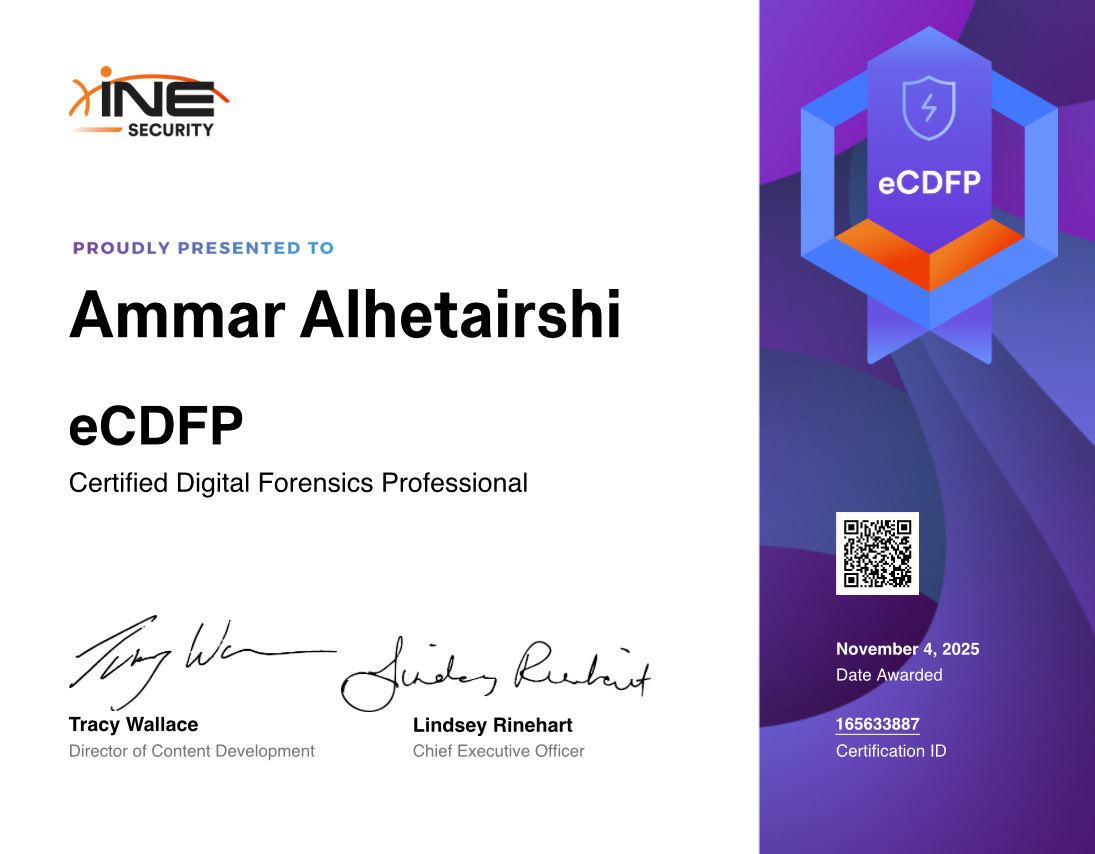X_3_M740's tweet image. ولله الحمد والفضل حصلت على شهادة التحقيق الجنائي الرقمي eCDFP من @ine 

#eCDFP #CyberSecurity