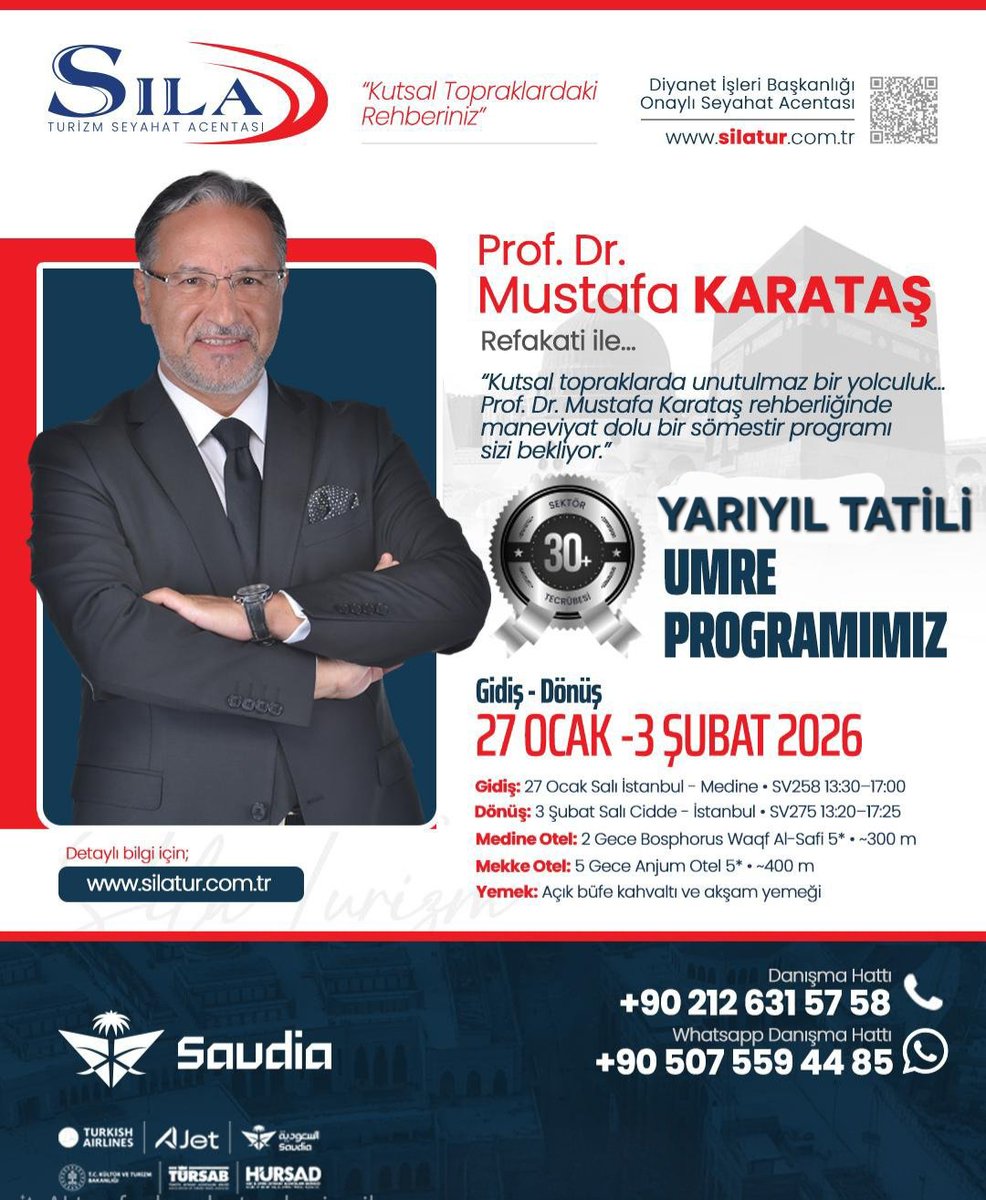 Yarıyıl tatilinde <a href="/silaturizm/">Sıla Turizm</a> ile Umre programı. 
27 Ocak - 3 Şubat 2026 tarihlerinde Prof.Dr. Mustafa Karataş ile Umre yapmak için 0212 631 5758 ve 0507 559 4485 nolu telefondan iletişime geçebilirsiniz.