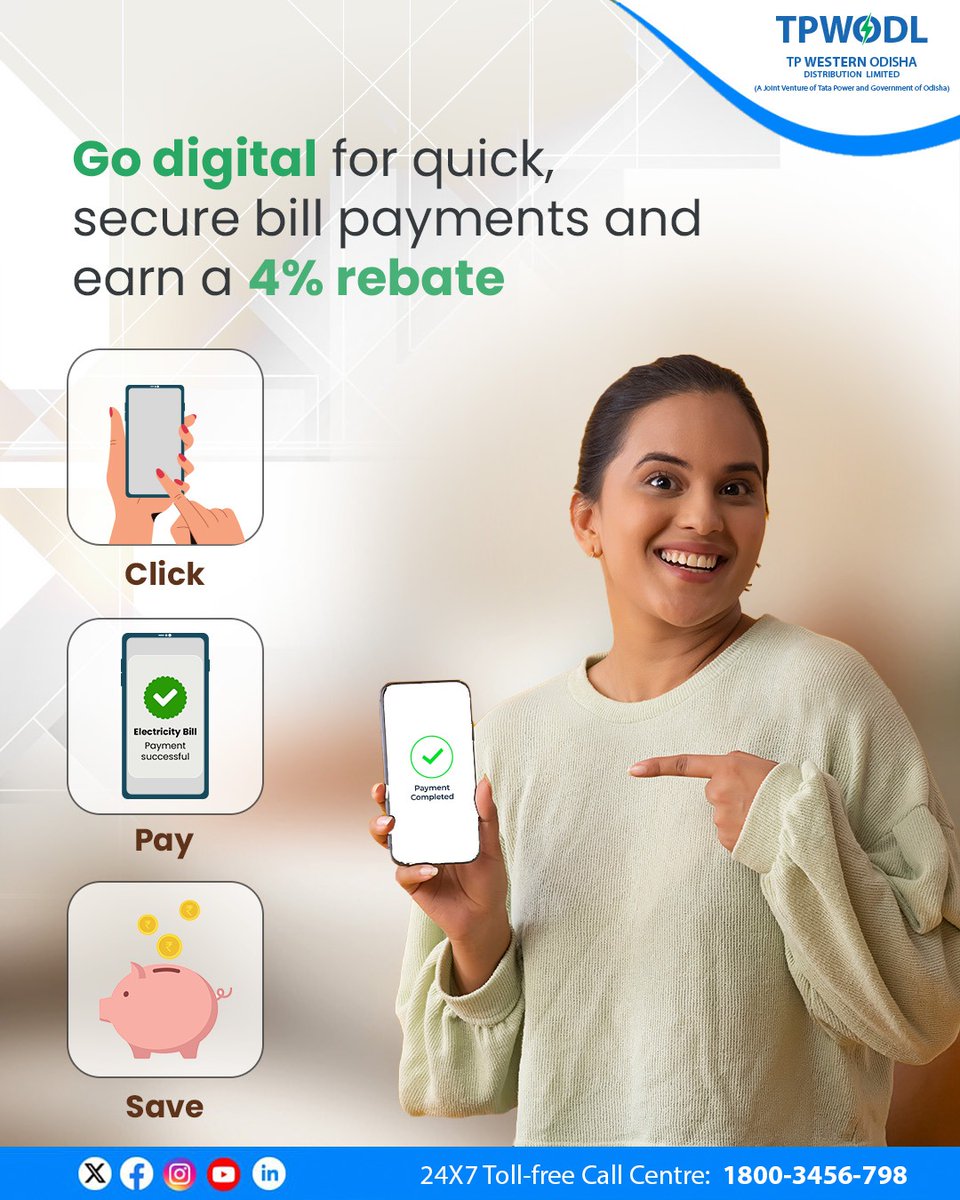 Now you can pay your electricity bills effortlessly! 
Make digital payments before the due date and earn a 4% rebate. 
Save time, save money, go digital!

#TPWODL #GoDigital #BillPayment #DigitalPayment #SmartPayment