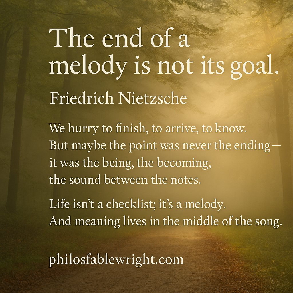 PFablewright's tweet image. The end of a melody is not its goal.

#fablewright #Philosophy #Curiosity  #literaryfiction #meaning  #SelfDiscovery  #LifesAJourney #lifequotes  #PleaseShare  #pleasefollowme
